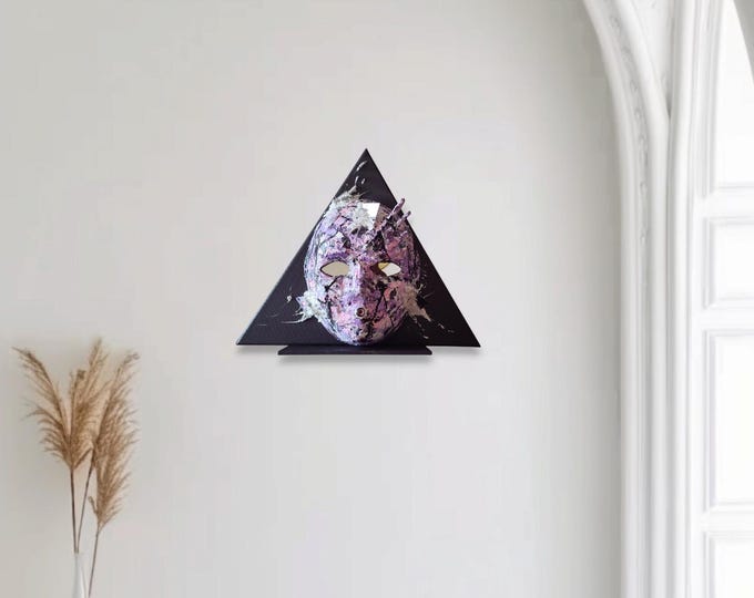 Through Your Eyes Closer- Triangle 3D mask art with crushed glass. Functional art, small shelf 14" (all sides) Caulk art Mirror Art