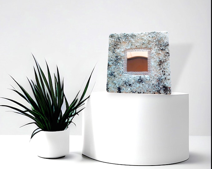 Mirror Crush- Small hand painted mirror decor with crushed glass and resin. Acrylic paints and faux diamond. Textured art.