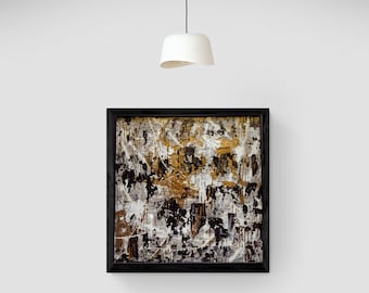 Textured Abstract Acrylic Painting: Gold, Silver, Black Framed Canvas (12x12)