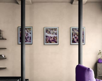 Framed Abstract Triptych: Gold & Purple Acrylic Painting