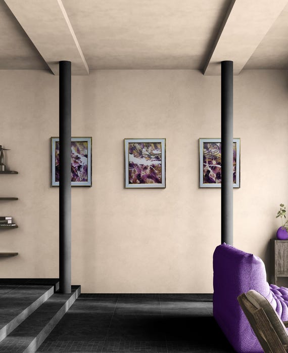 Acrylics on paper Framed triptych Abstract Artwork wall decor- "Oriana Violette" Gold and purple 3pc abstract painting