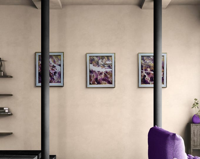 Acrylics on paper Framed triptych Abstract Artwork wall decor- "Oriana Violette" Gold and purple 3pc abstract painting