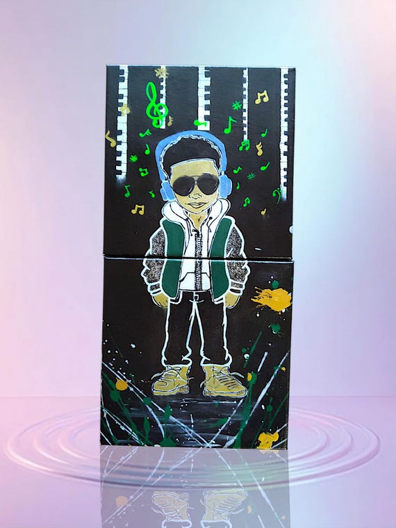 8"×8"×1.5"ea. 2pc Canvas set The Golden Child original drawing of a boy and music Art decor for kids room. Diptych canvas set ready to hang.