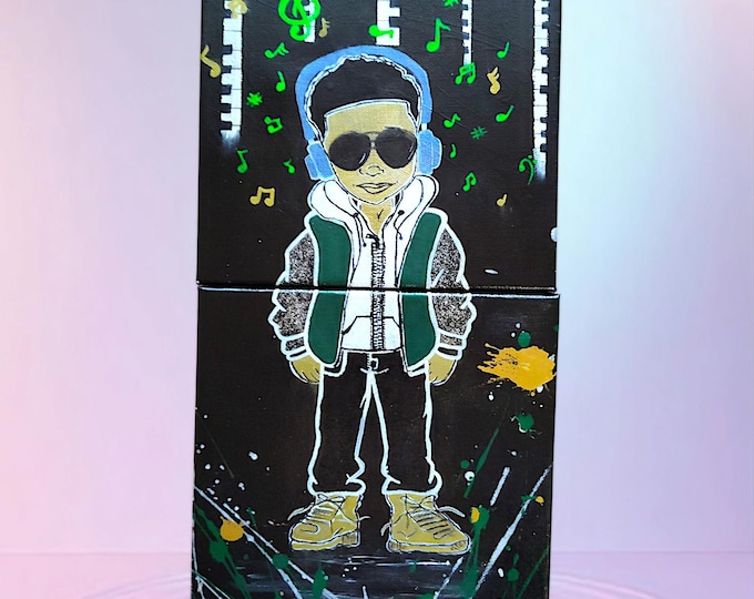 8"×8"×1.5"ea. 2pc Canvas set The Golden Child original drawing of a boy and music Art decor for kids room. Diptych canvas set ready to hang.