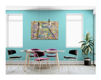 Textured Abstract Diptych: Splattered Acrylics on Canvas, Colorful Caulk Art