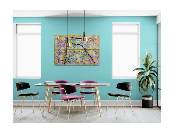 12"×36" ×1.5" Diptych Textured Abstract Splattered Acrylics on Canvas Colorful Caulk Art 2pc Set Ready to Hang Art Decor