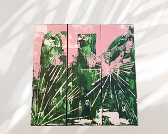 3pc Abstract Wall Art Set- Original triptych canvas artwork painting; ready to hang art decor, small wall art hangings, Pink & Green Art