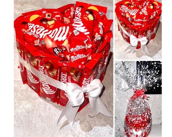 Chocolate Maltesers Bar Bag Heart Bouquet Gift Hamper valentines Day Birthday Him Her Anniversary Chocolates Bow 3D Fathers Day Dad Grandad