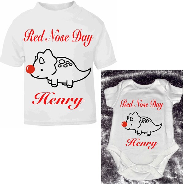 PERSONALISED dinosaur Kids Red Nose Day Shirt Top Baby Vest Grow Bodysuit Sleepsuit Clothes Outfit Comic Relief Charity Gift