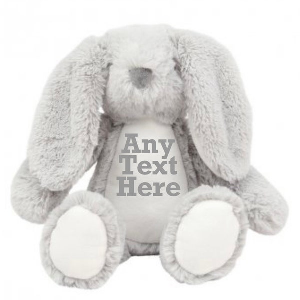 Personalised Grey Bunny Bear Animal Teddy Plush Plushie Gift Toy Bear Baby Kids Present Cuddly Name Customised  Unique Birth  Birthday