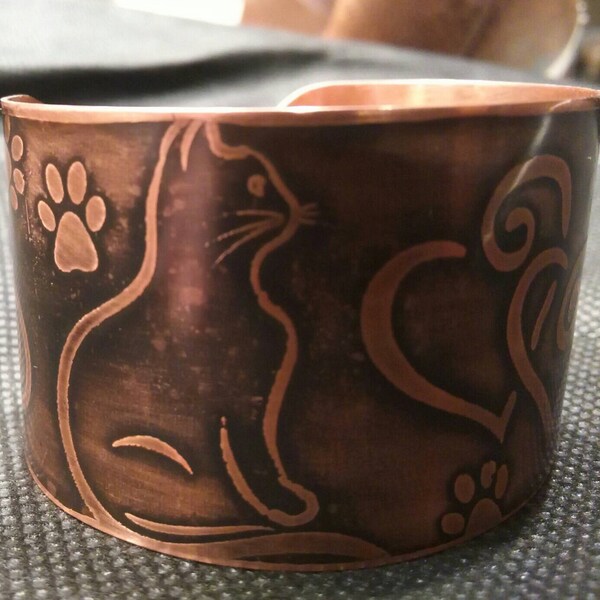 COPPER CUFF kitty cats, paws, and hearts rustic design etched by COGZITA