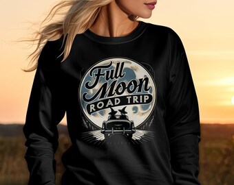 Vintage Full Moon Road Trip Graphic Sweatshirt, Retro Car and Witchy Vibes Adventure Pullover, Comfy Road Trip Themed Gothic Sweater,