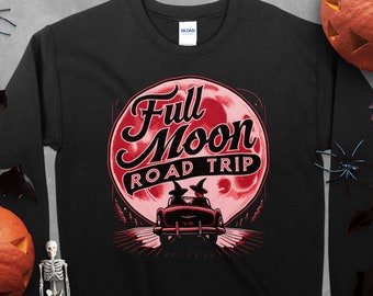 Full Moon Blood Moon Road Trip Retro Graphic Sweatshirt, Vintage Style Cozy Sweater, Casual Gothic Travel Top, Road Trip Unisex Pullover
