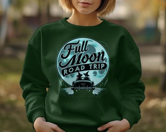 Full Moon Road Trip Graphic Sweatshirt, Unisex Travel Adventure Pullover, Cool Retro Car and Moon Print, Casual Hipster Top