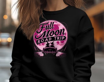 Raspberry Full Moon Road Trip Graphic Sweatshirt, Unisex Travel Adventure Pullover, Casual Outdoor Clothing, Unique Trip Souvenir, Gift Idea