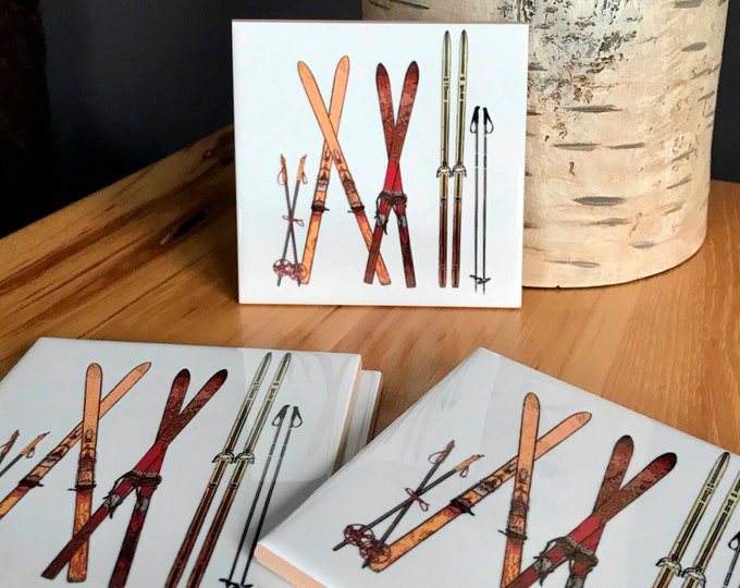 Vintage Downhill & Cross Country Ski Ceramic Coaster, Decorative Tile with Cork Backing, USA Made