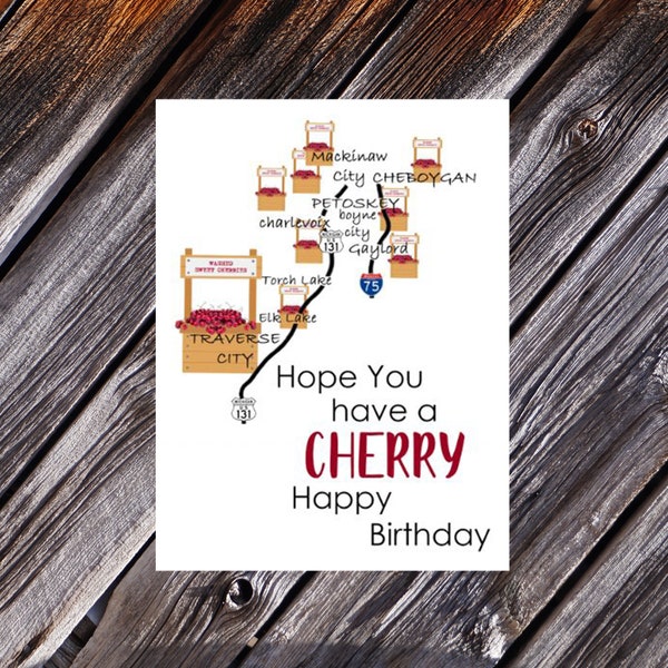 Greeting Card, Traverse City Designed Cherry Happy Birthday Card, 4x6 Card, Envelopes Included, Mitten-Made