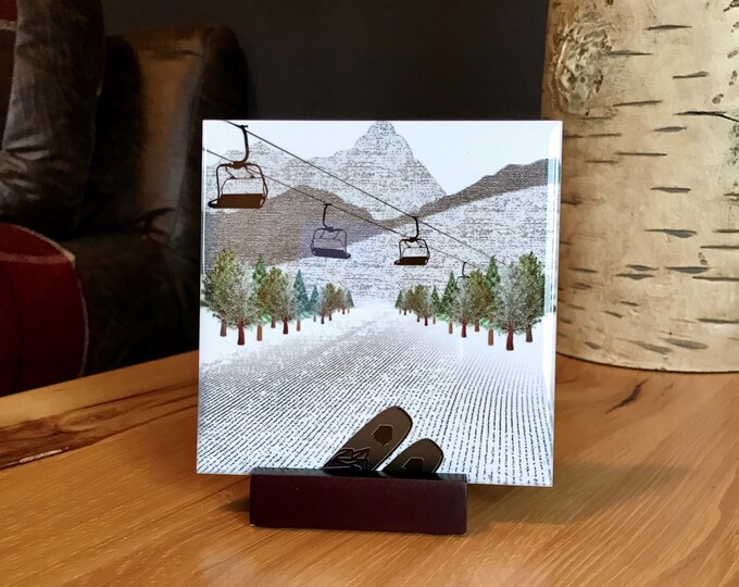 Custom Designed, First Tracks Skiing Ceramic Tile Coasters, 4" x 4" with Cork Backing, Made in Michigan