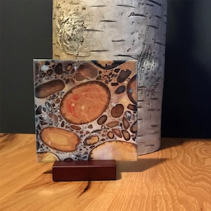 Custom Designed, Hertfordshire Pudding Stone Ceramic Tile Coasters, 4&quot; x 4&quot; with Cork Backing, Made in Michigan