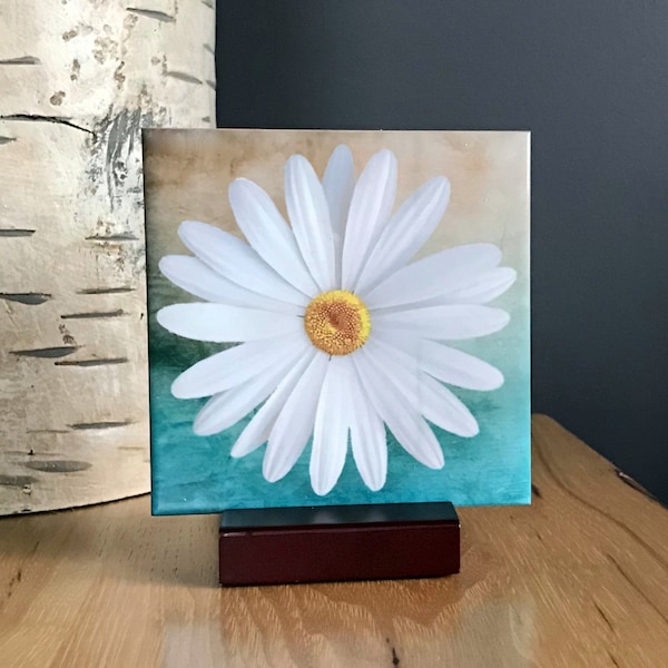 Coaster/Tile, Little Splash of Sunshine Daisy Ceramic Tile Coasters, 4" x 4" with Cork Backing, Made in Michigan