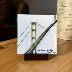 Custom Designed Mackinac Bridge Ceramic Tile Coasters, 4&quot; x 4&quot; Mackinawesome Coasters with Cork Backing, Made in Michigan