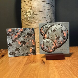 May include: Two square ceramic tiles with a unique, speckled pattern. The tiles are gray with black and orange flecks. The tile on the right has the text "YOOPERLITE Lake Superior" printed on it.