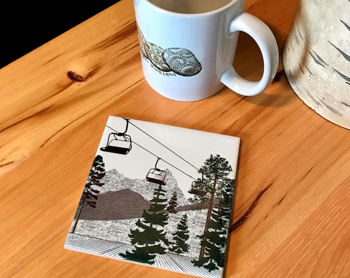 Custom Designed, Ski Resort Ceramic Tile Coasters for Winter Sports Enthusiasts, 4" x 4" with Cork Backing, Made in Michigan