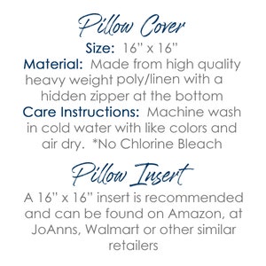 May include: A white text description on a blue background detailing the size, material, and care instructions for a 16" x 16" pillow cover. The text also recommends a 16" x 16" pillow insert and lists retailers where it can be found.
