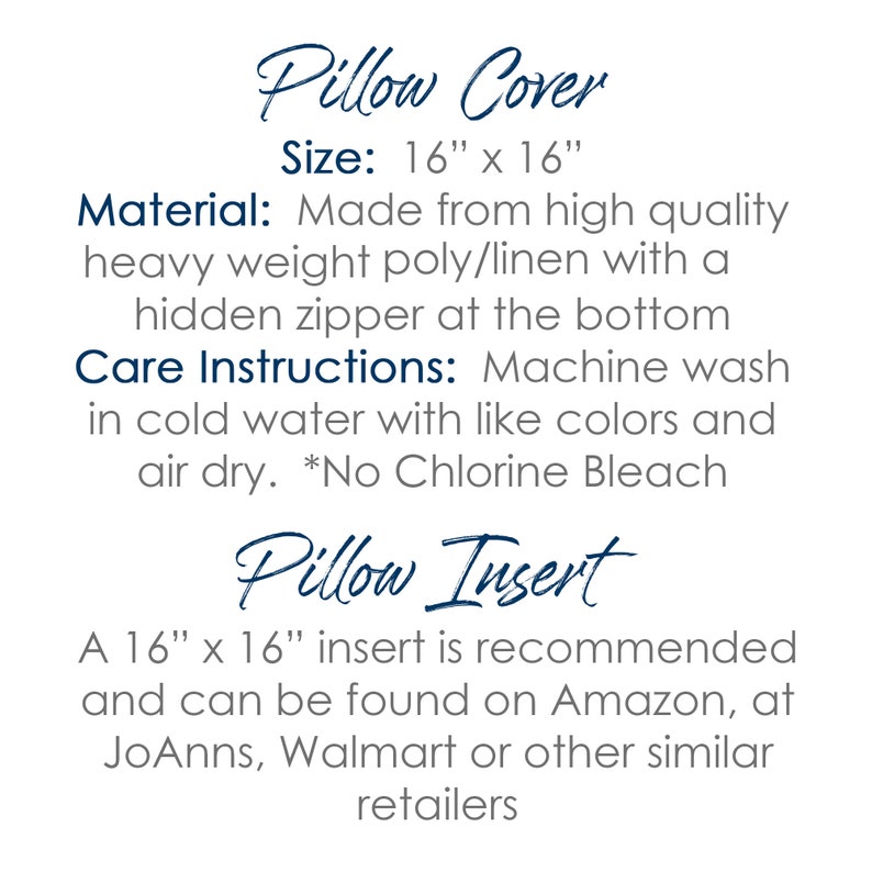 May include: A white text description on a blue background detailing the size, material, and care instructions for a 16" x 16" pillow cover. The text also recommends a 16" x 16" pillow insert and lists retailers where it can be found.