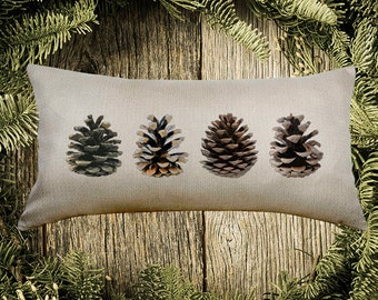 When Rustic Meets Elegance Row of Pine Cones Lumbar Pillow Cover, Beautiful Cream Colored Herringbone Texture, 12" x 24", USA Made