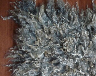 May include: A fluffy gray and white sheepskin rug with long, curly fibers. The rug is approximately 2 feet by 3 feet.