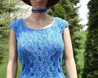 Women's hand lace knitted blue color sleeveless blouse tank Size S/M