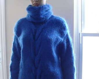 Blue Hand Cable Knitted Mohair Sweater with removable collar Pullover M L XL