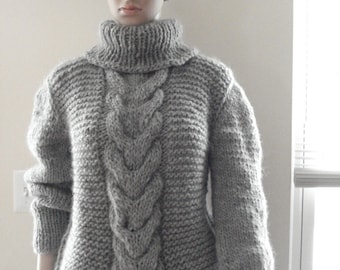 Grey Hand Knitted thick 100% Wool turtleneck /cable Sweater Pullover Unisex M L