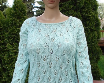 Mint green  Hand Knitted lace leaf Sweater Pullover M/ L