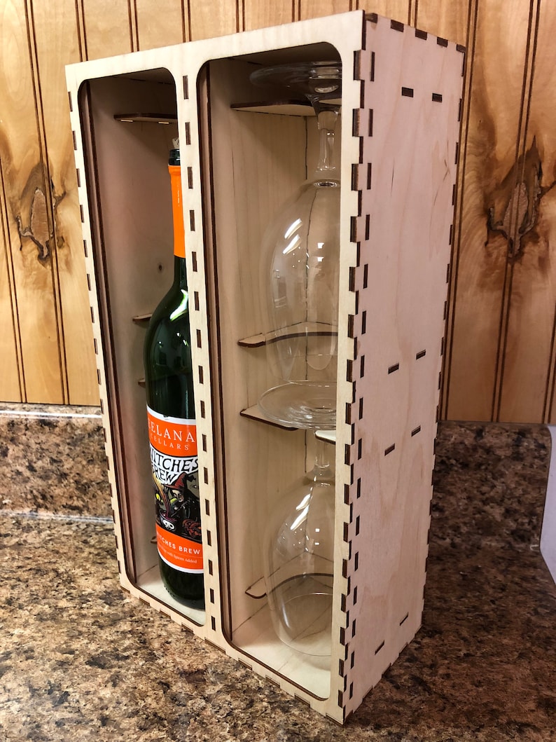 Laser Cut Wine Box Holds 2 Wine Glasses Etsy