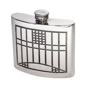 May include: A polished silver-tone metal flask with a curved, rectangular body and a screw-top cap. The front surface features a dark, etched geometric grid pattern consisting of vertical lines and a central square block design.