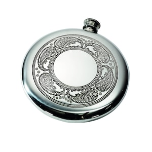 Paisley Pattern Polished Round Pewter Sporran Flask, Spirit Flask, 4oz Capacity