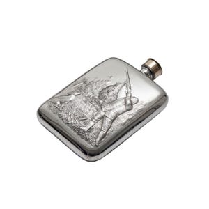 Cantil de bolso de 177 ml (6 oz) em estanho com cena de tiro, cantil para uísque com tema de esportes rurais gravado, cantil de bolso artesanal do Reino Unido.