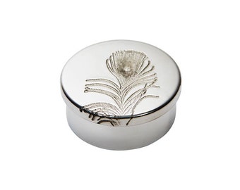 Peacock Feather Pewter Trinket Box, Small Round Keepsake Box, Handcrafted Nature Inspired Gift