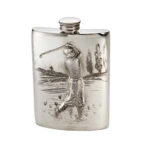 Embossed Golfer Pewter Hip Flask: Handmade in Sheffield