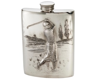 Embossed Golfer Pewter Hip Flask: Handmade in Sheffield