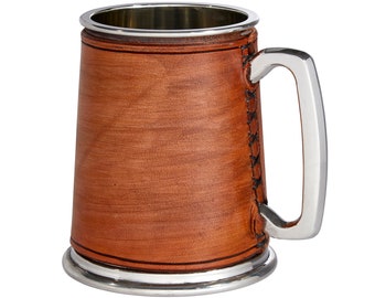 Saddle tan Leather and Pewter Tankard, hand wrapped beer mug stein, Wentworth Pewter