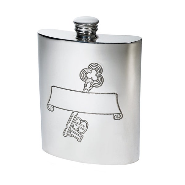 18th Birthday Plain Pewter Kidney Flask,Hip Flask, Spirit Flask, 6oz capacity 18 key stamp - Wentworth Pewter