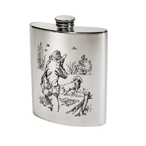Shooting Wentworth Pewter Kidney Flask,Hip Flask, Spirit Flask, 6oz Capacity, Hunting Scene