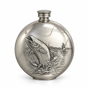 Petaca redonda de peltre para pesca con mosca de 177 ml, petaca de bolsillo artesanal, regalo para pescadores.