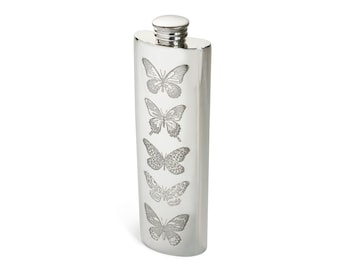 May include: A silver hip flask with an engraved design of five butterflies.
