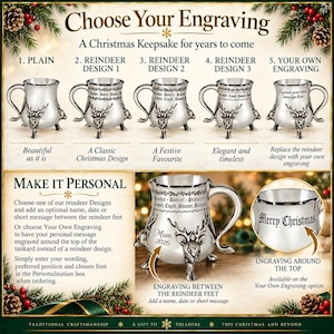 May include: A silver-toned metal tankard featuring three reindeer-shaped feet and a handle. The display shows five customization options including plain, three reindeer designs, and custom engraving with text like Merry Christmas and Mum 2026.