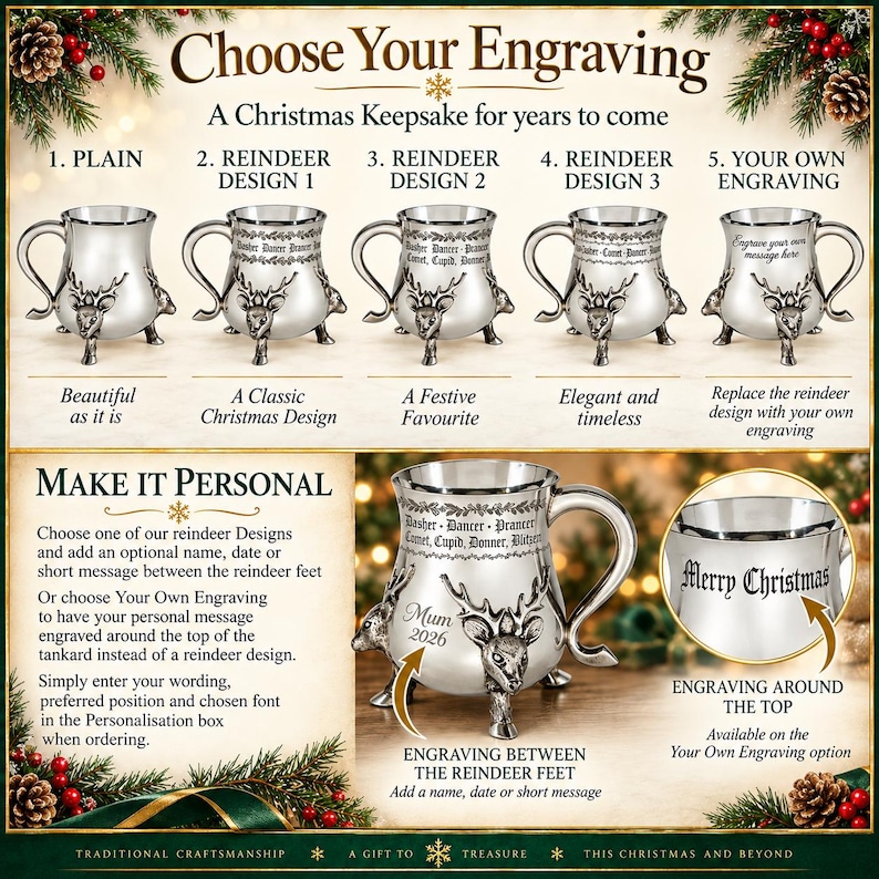 May include: A silver-toned metal tankard featuring three reindeer-shaped feet and a handle. The display shows five customization options including plain, three reindeer designs, and custom engraving with text like Merry Christmas and Mum 2026.