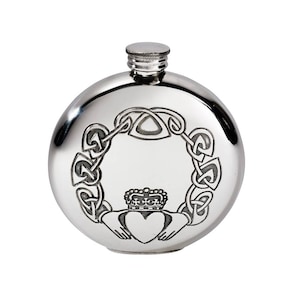 Claddagh Round Wentworth Pewter Flask, Spirit Flask, 6oz Capacity